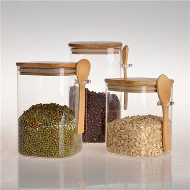 Prozirna četvrtasta staklena tegla za pohranu od 3 komada s poklopcima od bambusa