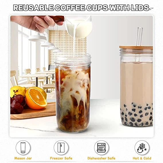 24oz Glass Cups With Lid And Straws