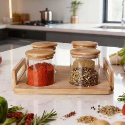 Okrugla staklena pohrana od 4 komada s drvenom posudom